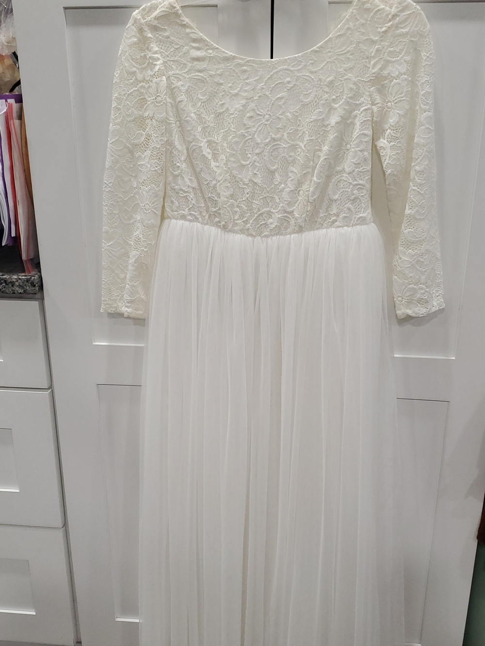 David's Bridal Ivory Lace Bodice A-Line Chiffon Wedding Gown